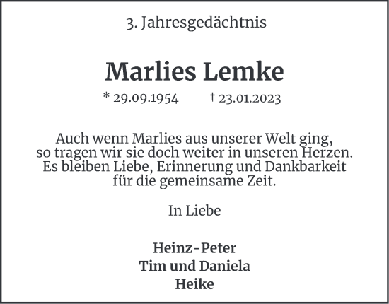 Traueranzeige von Marlies Lemke von Tageszeitung