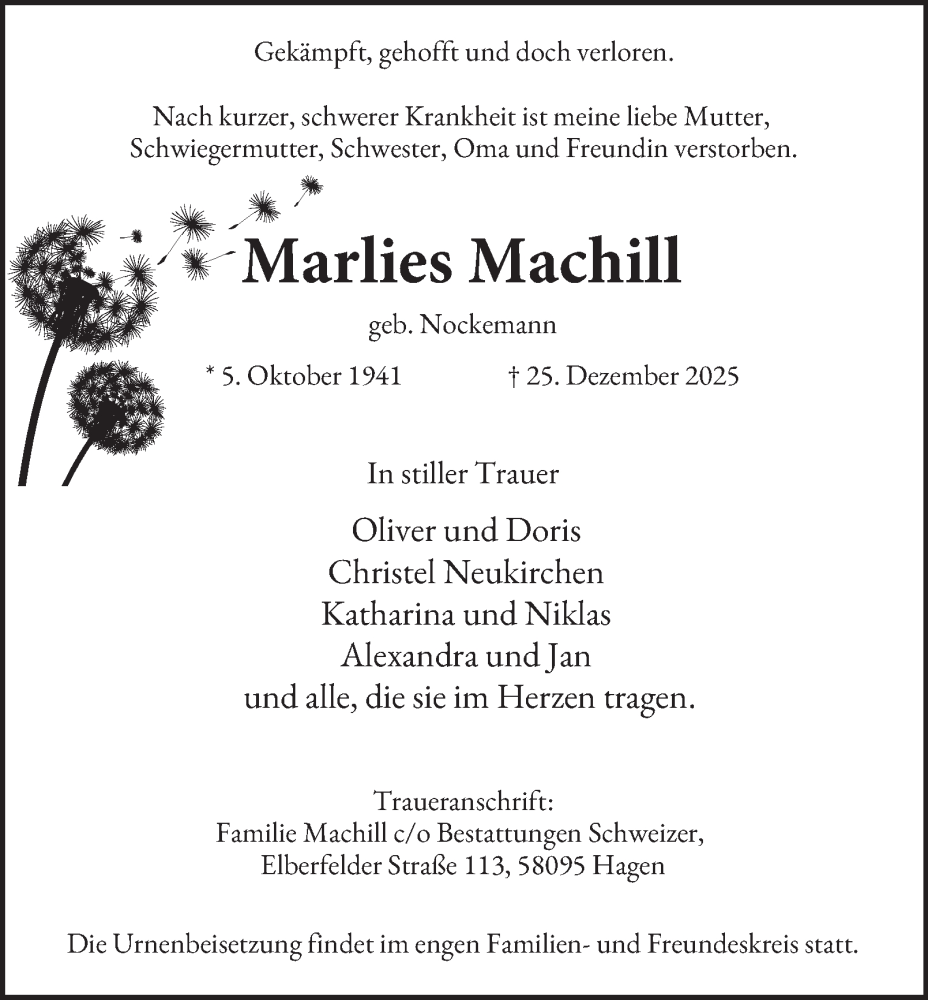  Traueranzeige für Marlies Machill vom 03.01.2026 aus Tageszeitung