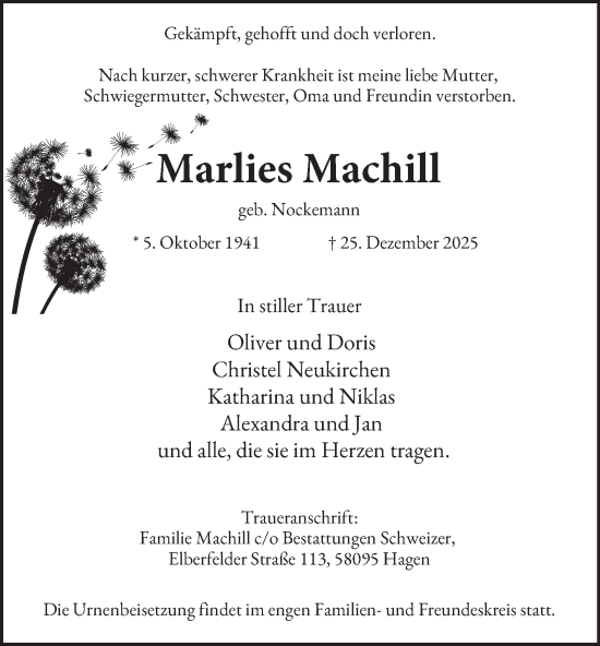 Traueranzeige von Marlies Machill von Tageszeitung