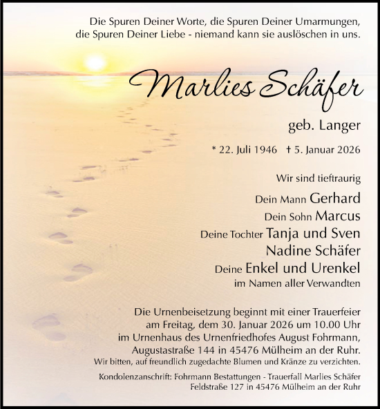 Traueranzeige von Marlies Schäfer von Tageszeitung