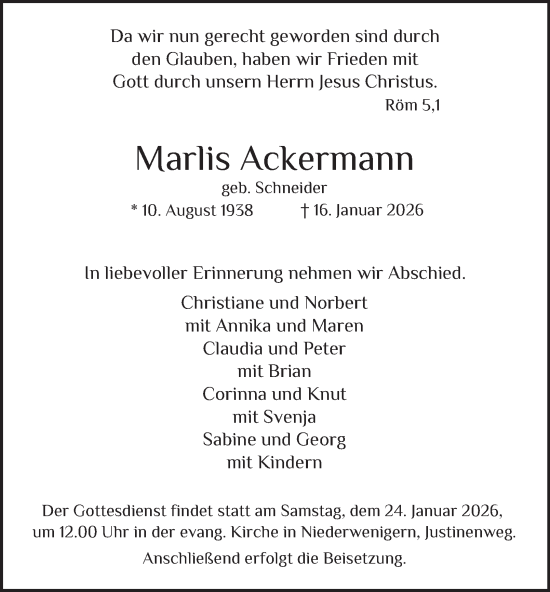 Traueranzeige von Marlis Ackermann von Tageszeitung
