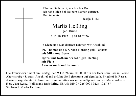 Traueranzeige von Marlis Heßling von Tageszeitung