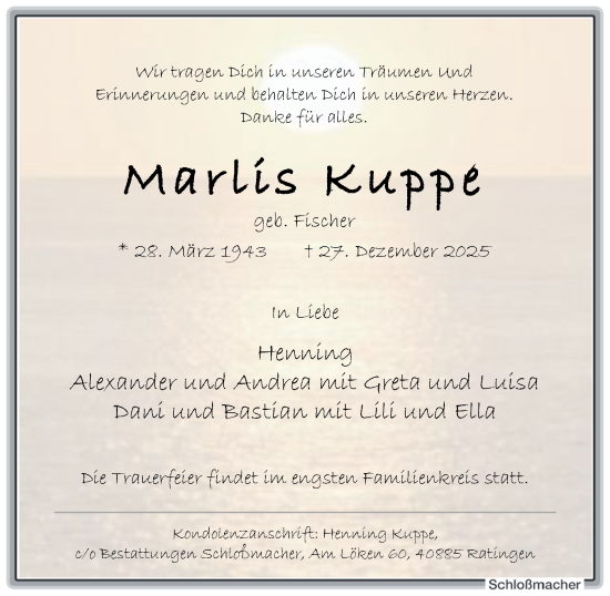 Traueranzeige von Marlis Kuppe von Tageszeitung