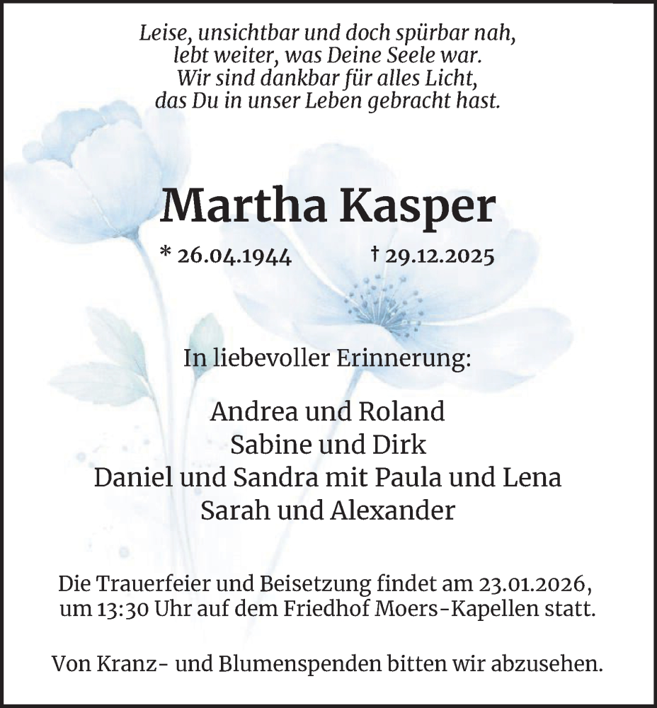  Traueranzeige für Martha Kasper vom 17.01.2026 aus Tageszeitung