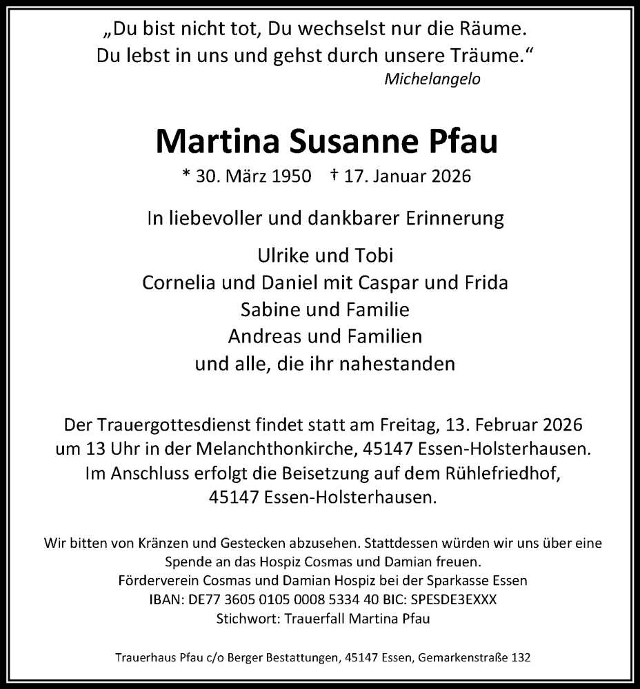  Traueranzeige für Martina Susanne Pfau vom 31.01.2026 aus Tageszeitung