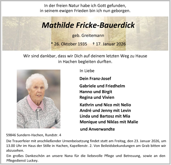 Traueranzeige von Mathilde Fricke-Bauerdick von Tageszeitung