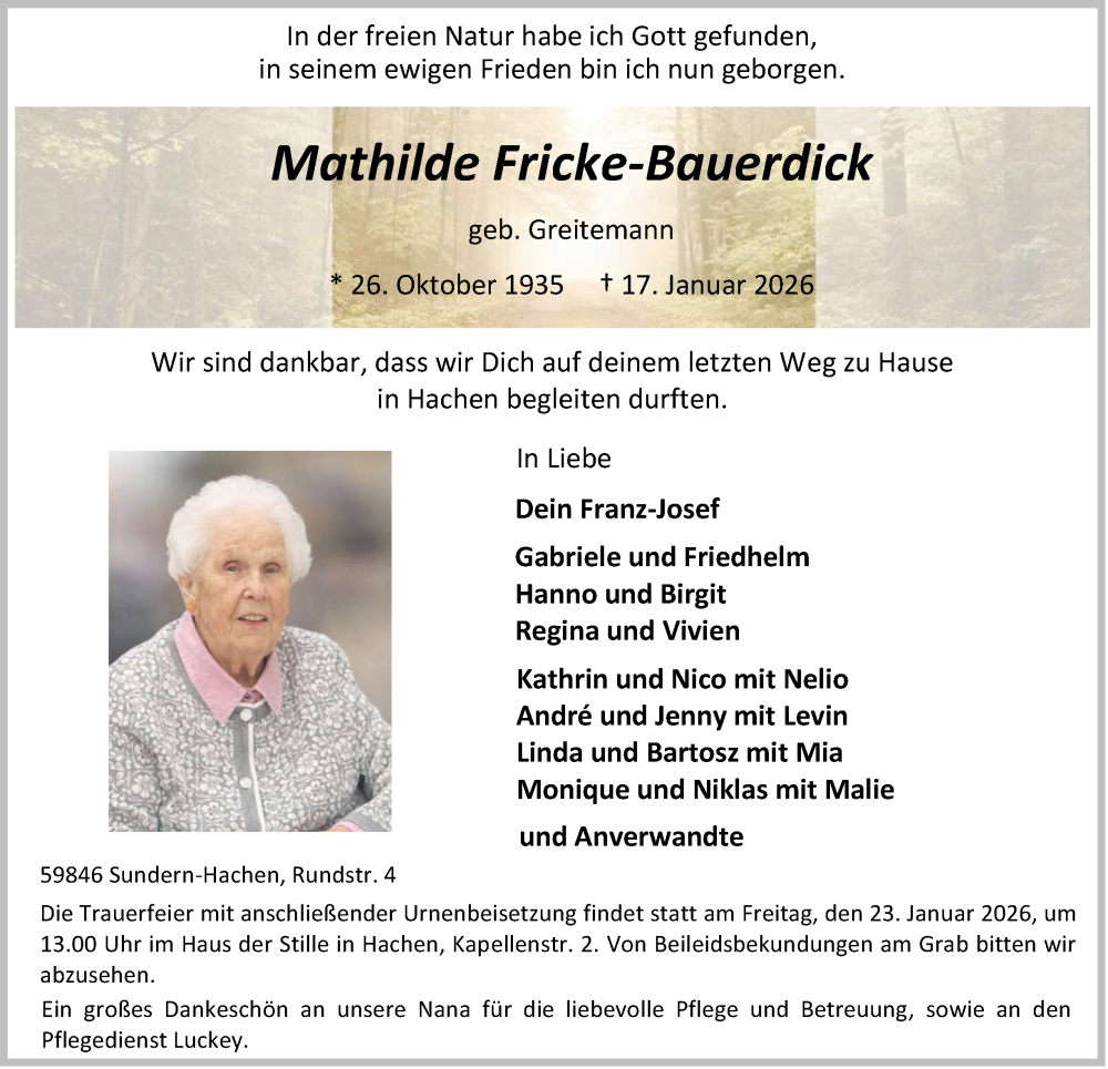  Traueranzeige für Mathilde Fricke-Bauerdick vom 22.01.2026 aus Tageszeitung