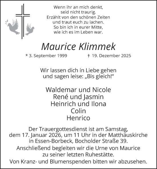 Traueranzeige von Maurice Klimmek von Tageszeitung