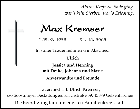 Traueranzeige von Max Kremser von Tageszeitung