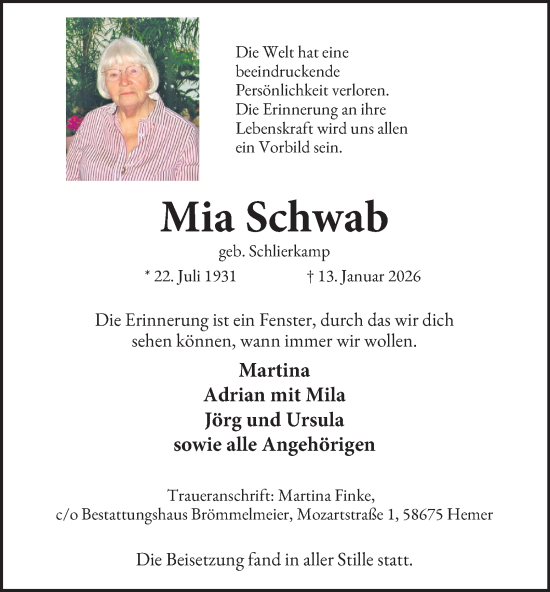 Traueranzeige von Mia Schwab von Tageszeitung