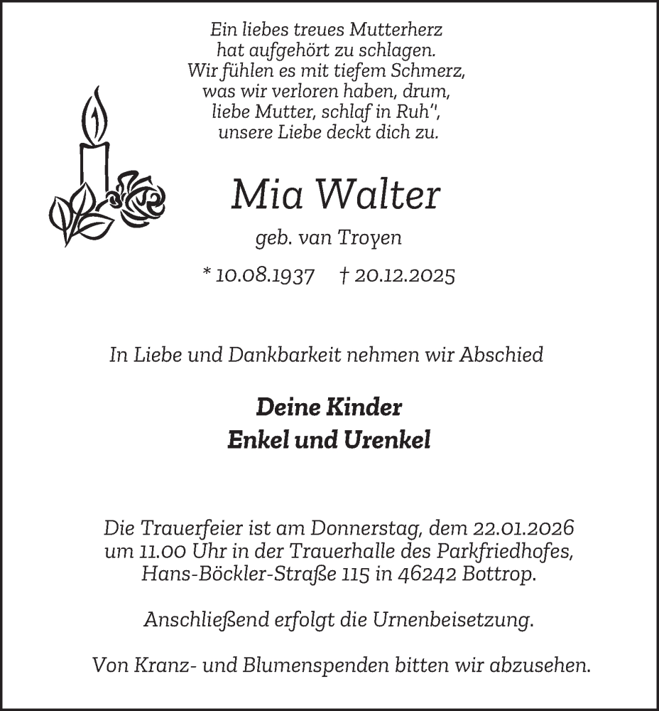  Traueranzeige für Mia Walter vom 17.01.2026 aus Tageszeitung