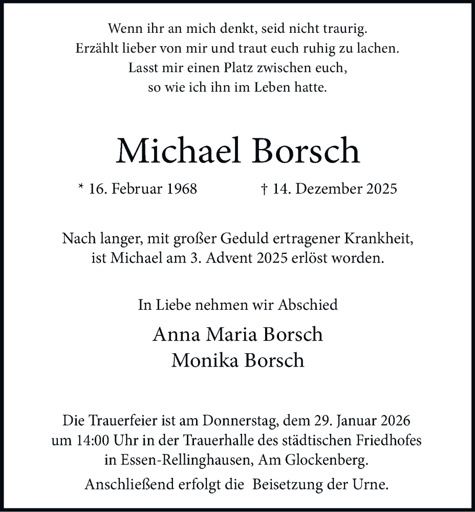  Traueranzeige für Michael Borsch vom 24.01.2026 aus Tageszeitung