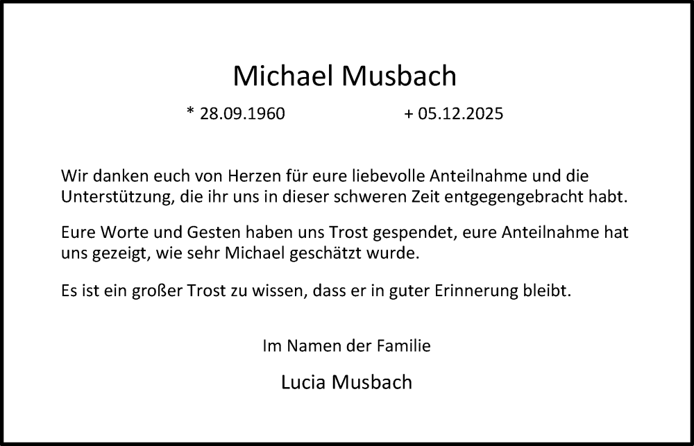  Traueranzeige für Michael Musbach vom 17.01.2026 aus Tageszeitung