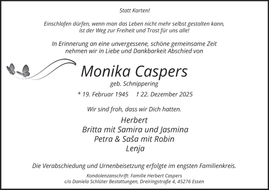 Traueranzeige von Monika Caspers von Tageszeitung