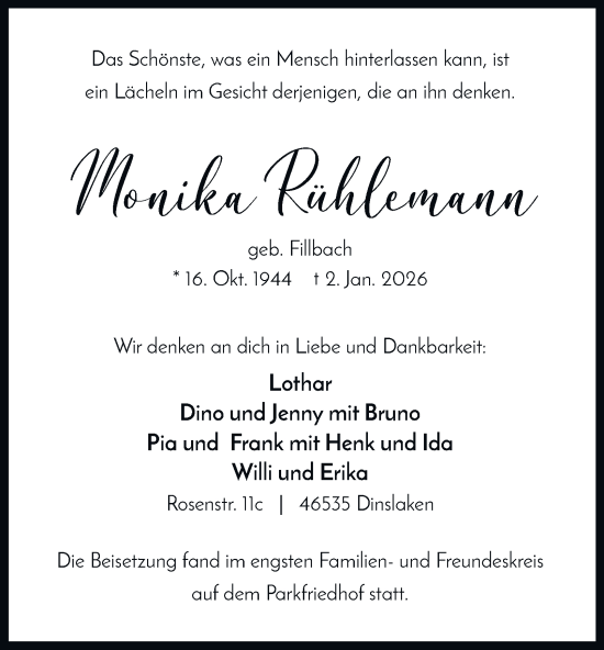 Traueranzeige von Monika Rühlemann von Tageszeitung