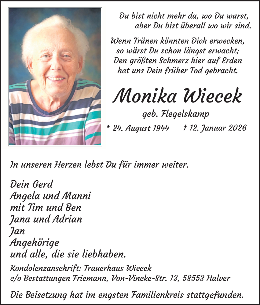  Traueranzeige für Monika Wiecek vom 31.01.2026 aus Tageszeitung