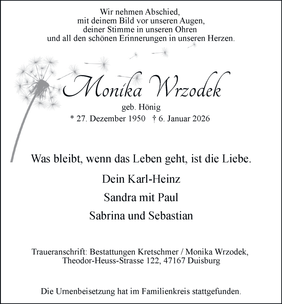  Traueranzeige für Monika Wrzodek vom 24.01.2026 aus Tageszeitung