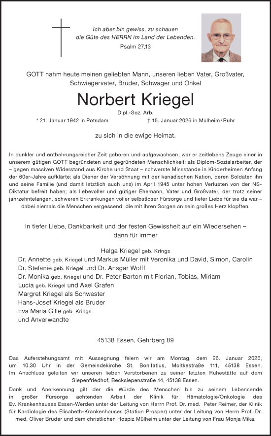Traueranzeige von Norbert Kriegel von Tageszeitung