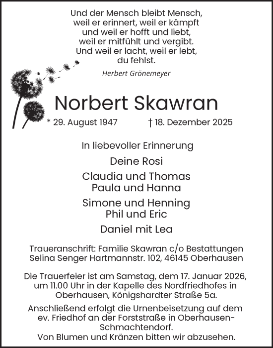 Traueranzeige von Norbert Skawran von Tageszeitung