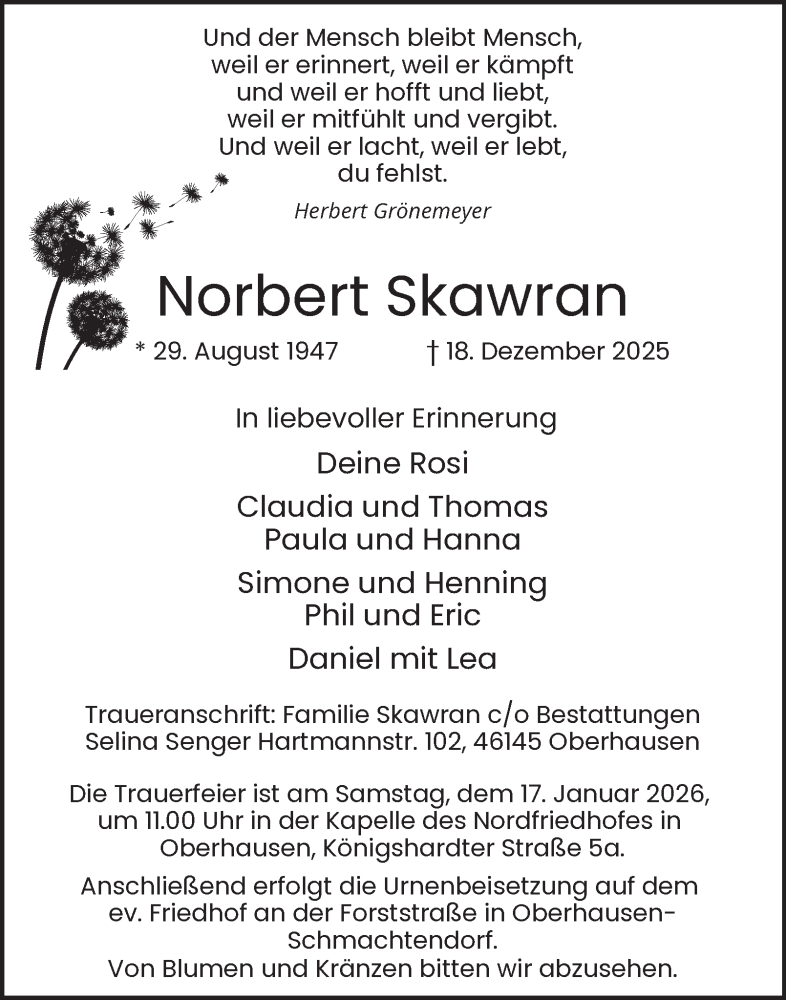  Traueranzeige für Norbert Skawran vom 10.01.2026 aus Tageszeitung
