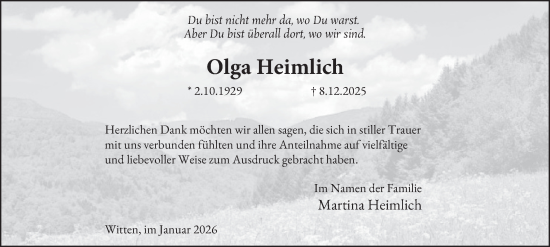 Traueranzeige von Olga Heimlich von Tageszeitung