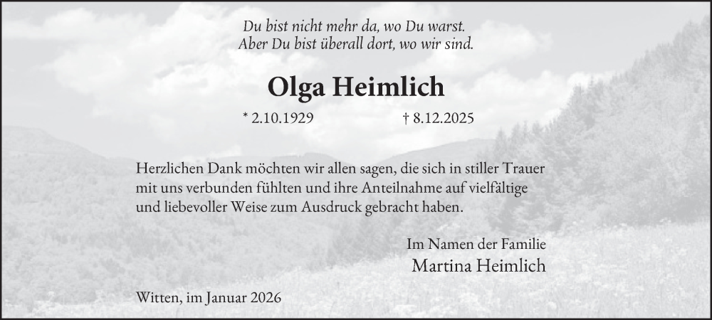  Traueranzeige für Olga Heimlich vom 17.01.2026 aus Tageszeitung