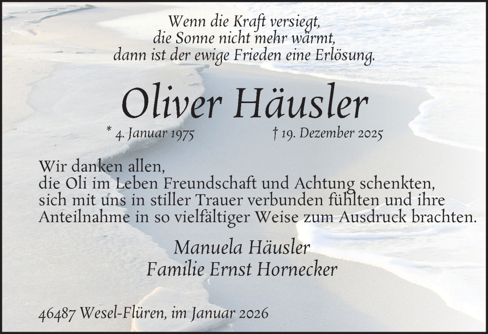  Traueranzeige für Oliver Häusler vom 29.01.2026 aus Tageszeitung