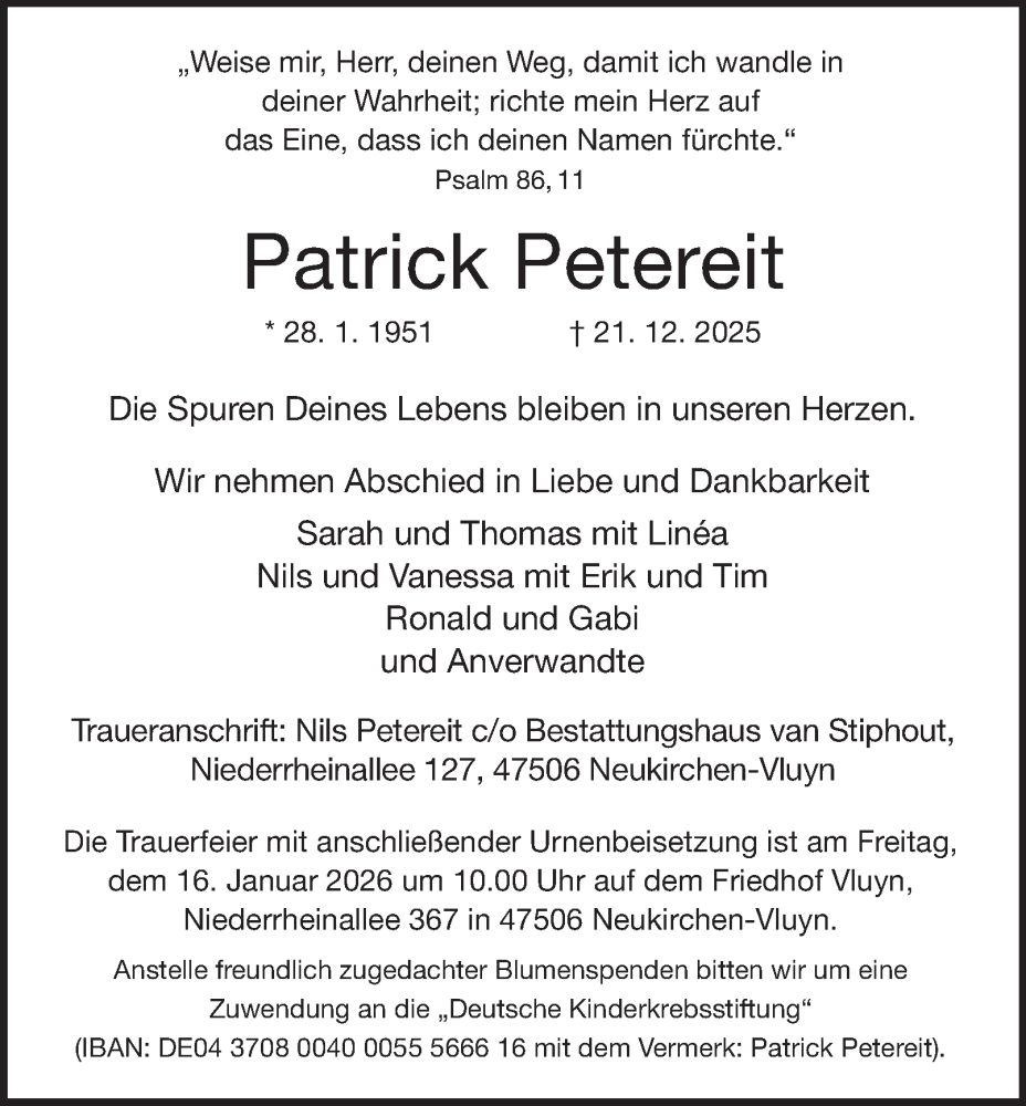  Traueranzeige für Patrick Petereit vom 10.01.2026 aus Tageszeitung