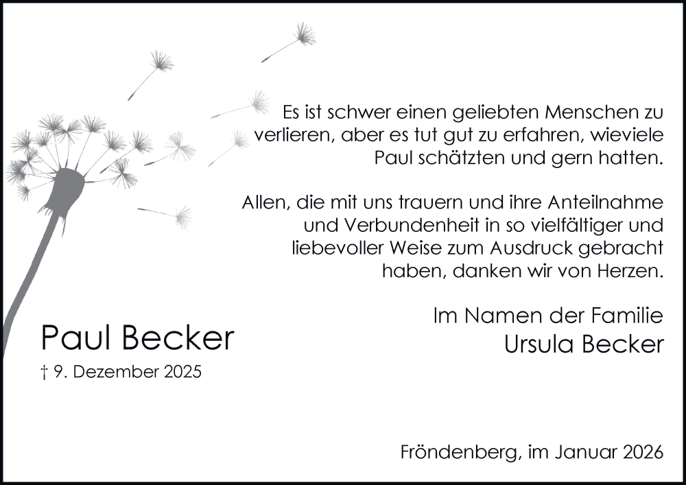  Traueranzeige für Paul Becker vom 24.01.2026 aus Tageszeitung