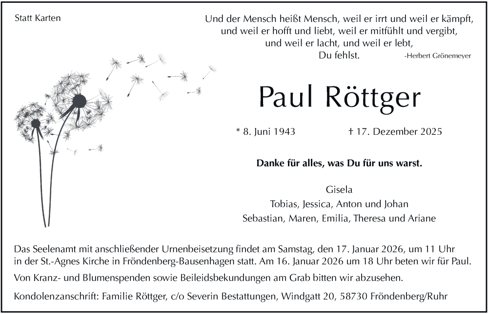  Traueranzeige für Paul Röttger vom 03.01.2026 aus Tageszeitung