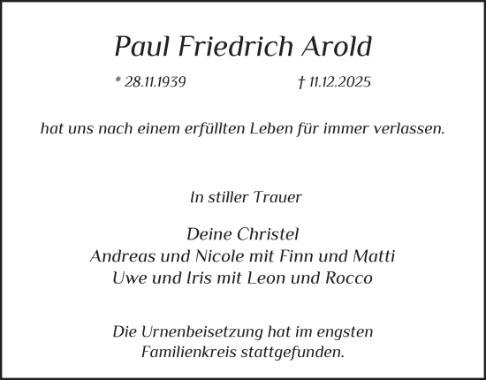 Traueranzeige von Paul Friedrich Arold von Tageszeitung