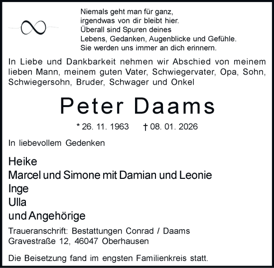Traueranzeige von Peter Daams von Tageszeitung