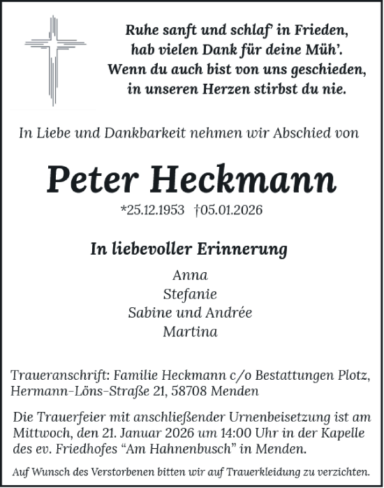 Traueranzeige von Peter Heckmann von Tageszeitung