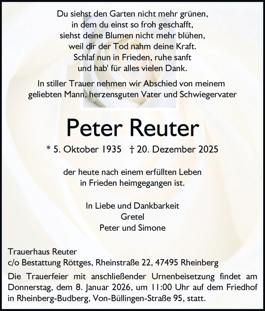  Traueranzeige für Peter Reuter vom 03.01.2026 aus Tageszeitung