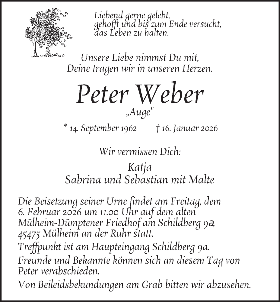  Traueranzeige für Peter Weber vom 31.01.2026 aus Tageszeitung