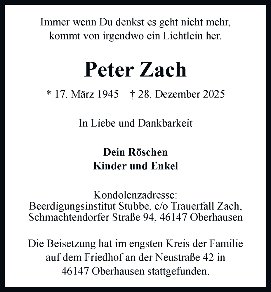  Traueranzeige für Peter Zach vom 24.01.2026 aus Tageszeitung