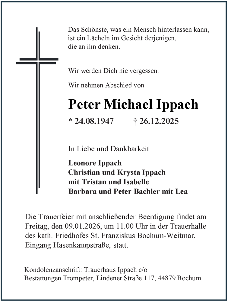  Traueranzeige für Peter Michael Ippach vom 03.01.2026 aus Tageszeitung