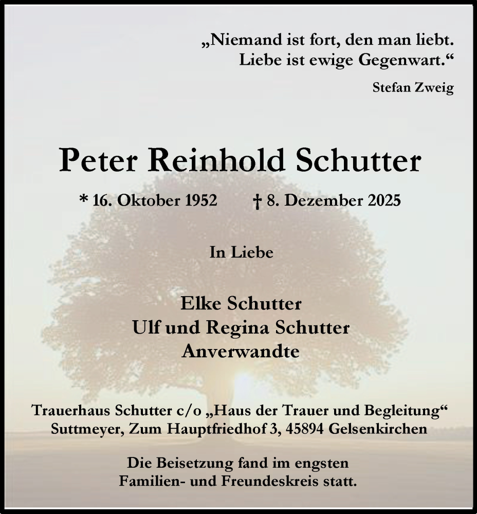  Traueranzeige für Peter Reinhold Schutter vom 31.01.2026 aus Tageszeitung