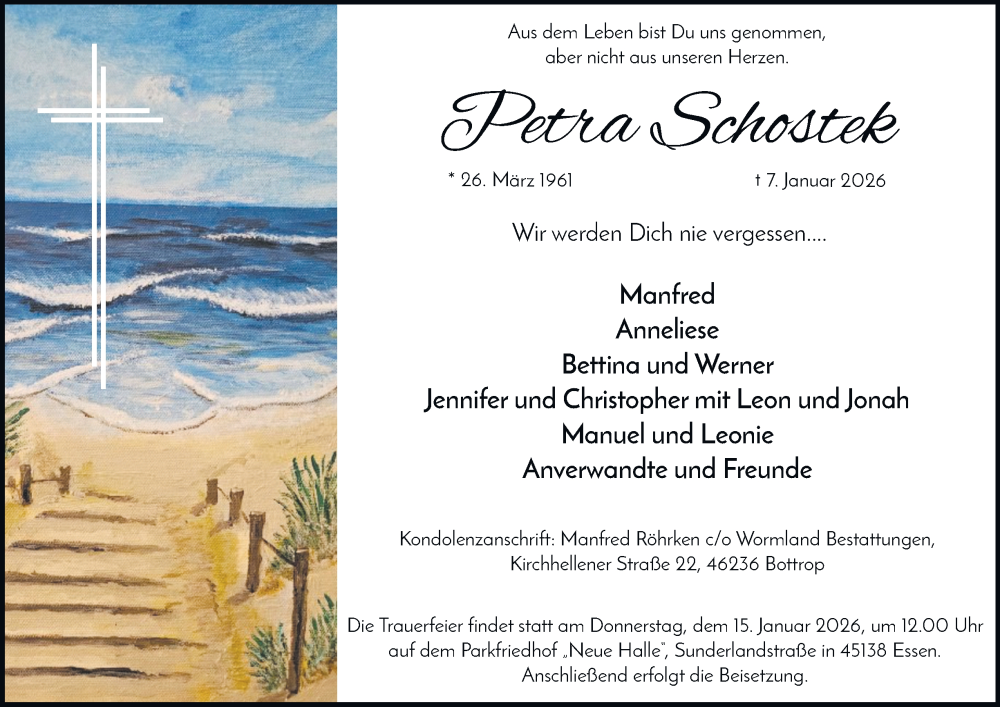  Traueranzeige für Petra Schostek vom 10.01.2026 aus Tageszeitung