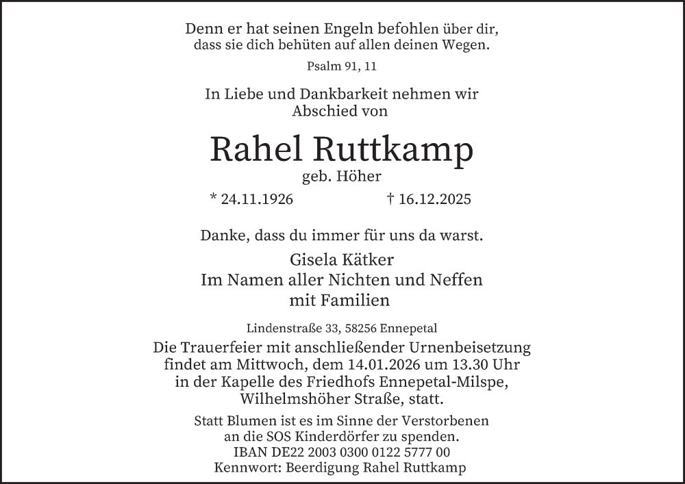  Traueranzeige für Rahel Ruttkamp vom 03.01.2026 aus Tageszeitung