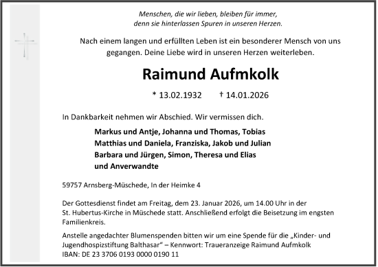 Traueranzeige von Raimund Aufmkolk von Tageszeitung