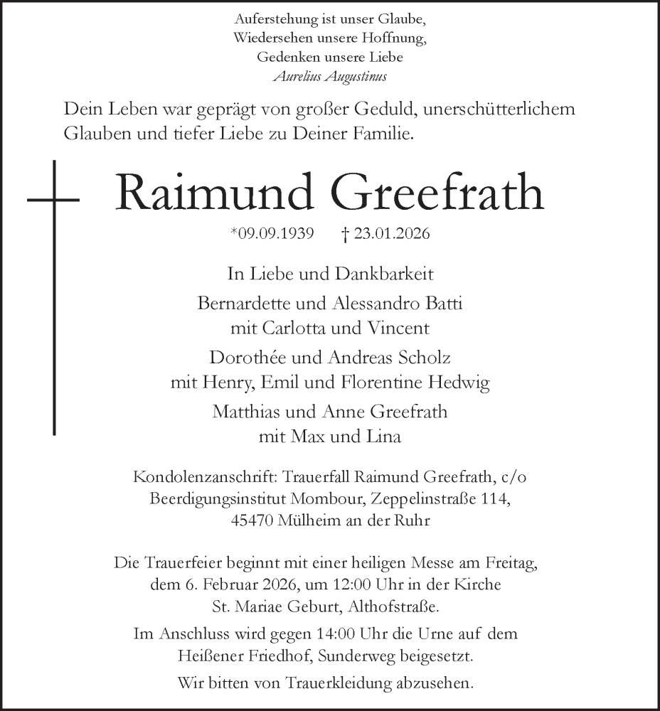  Traueranzeige für Raimund Greefrath vom 31.01.2026 aus Tageszeitung