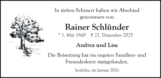 Traueranzeige von Rainer Schlünder von Tageszeitung