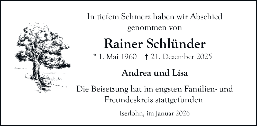  Traueranzeige für Rainer Schlünder vom 10.01.2026 aus Tageszeitung