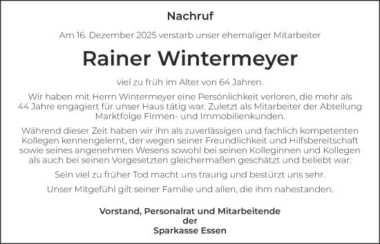 Traueranzeige von Rainer Wintermeyer von Tageszeitung