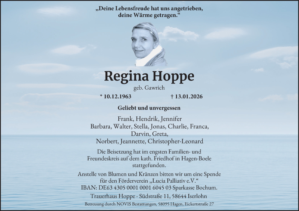  Traueranzeige für Regina Hoppe vom 24.01.2026 aus Tageszeitung