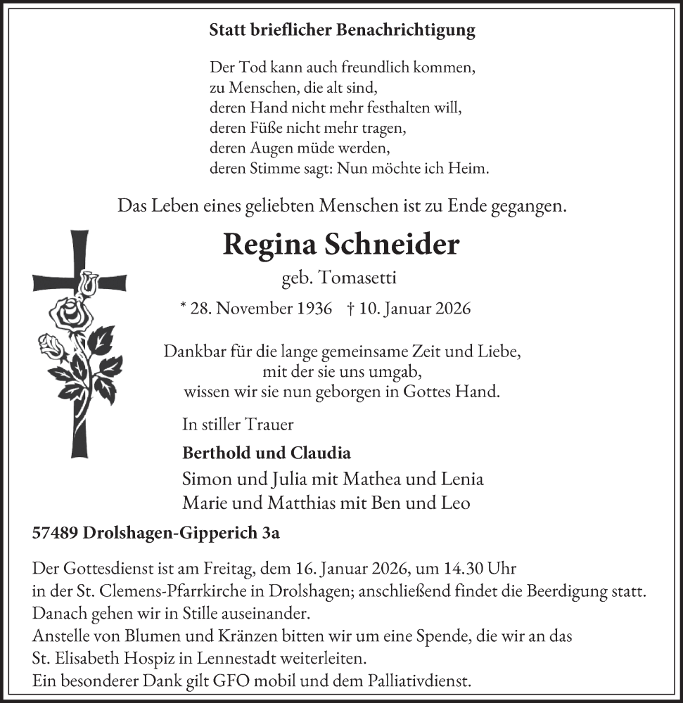  Traueranzeige für Regina Schneider vom 14.01.2026 aus Tageszeitung