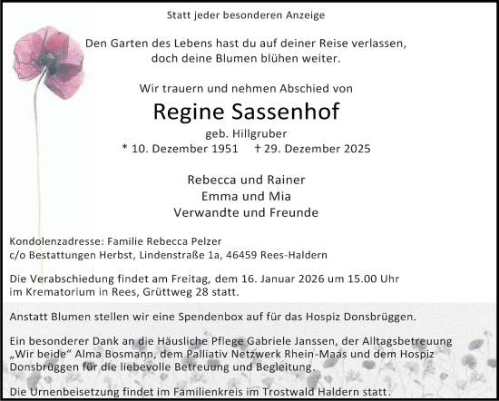 Traueranzeige von Regine Sassenhof von Tageszeitung