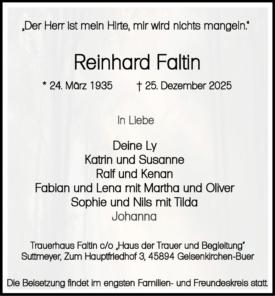  Traueranzeige für Reinhard Faltin vom 10.01.2026 aus Tageszeitung