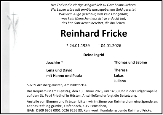 Traueranzeige von Reinhard Fricke von Tageszeitung